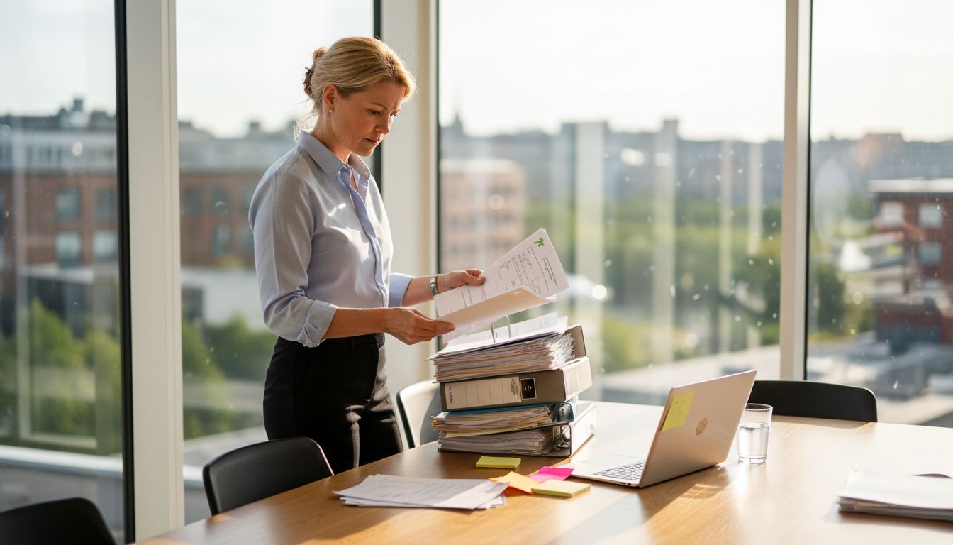 HR specialist reviews policy binders in bright office