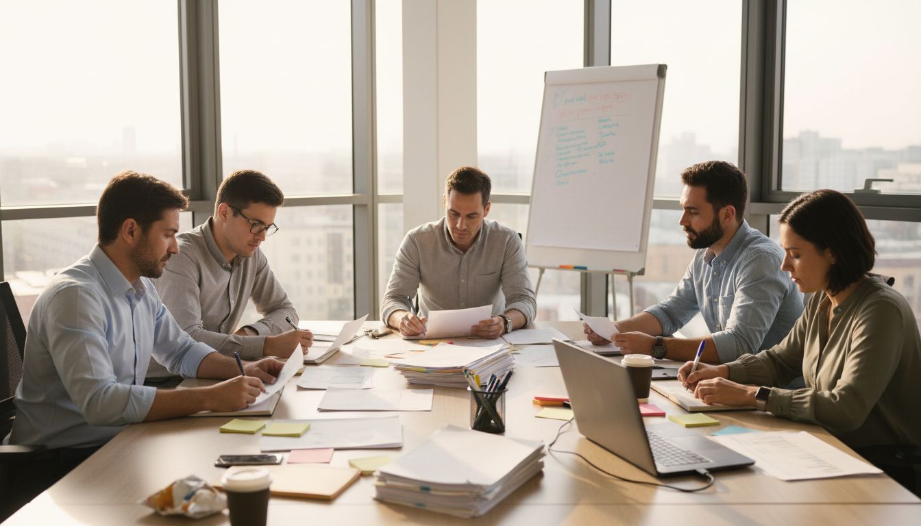 Team reviewing surveys in busy corner office