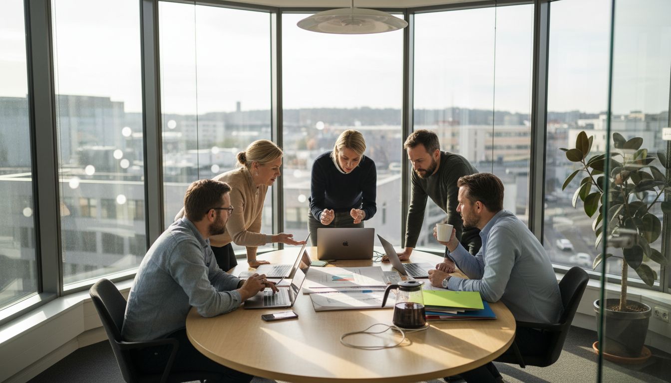 Office workers collaborate in bright Swedish office