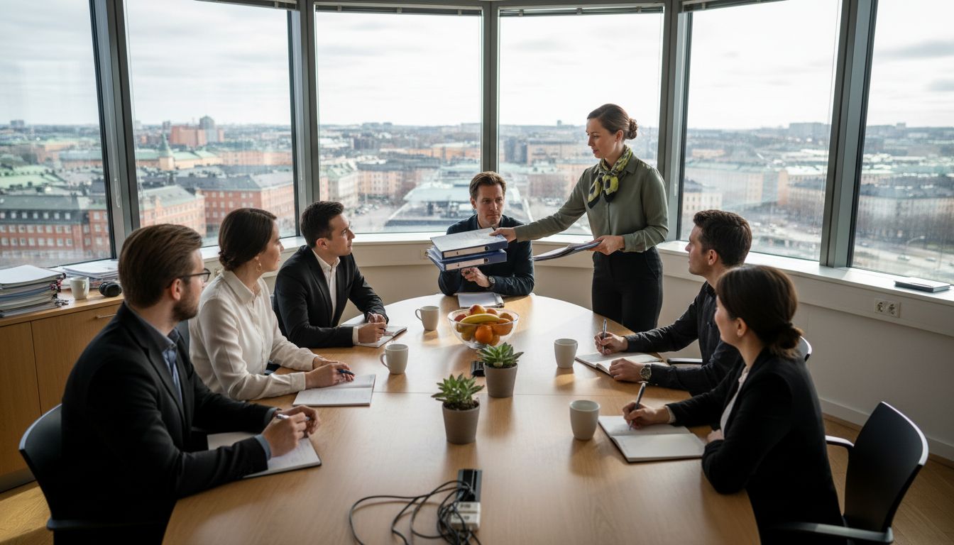 Swedish office team meeting at sunlit table