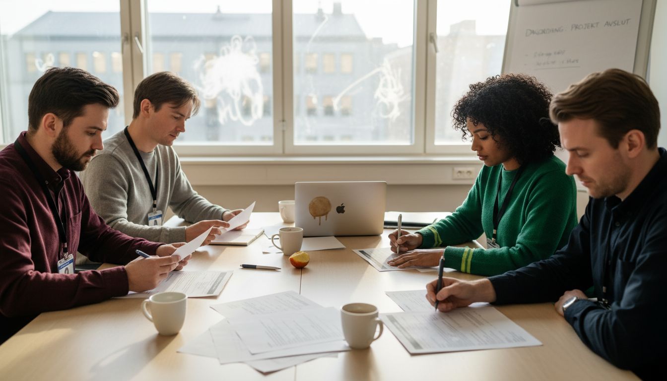 Kollegor samtalar om resultatet från arbetsmiljöenkäten runt konferensbordet.