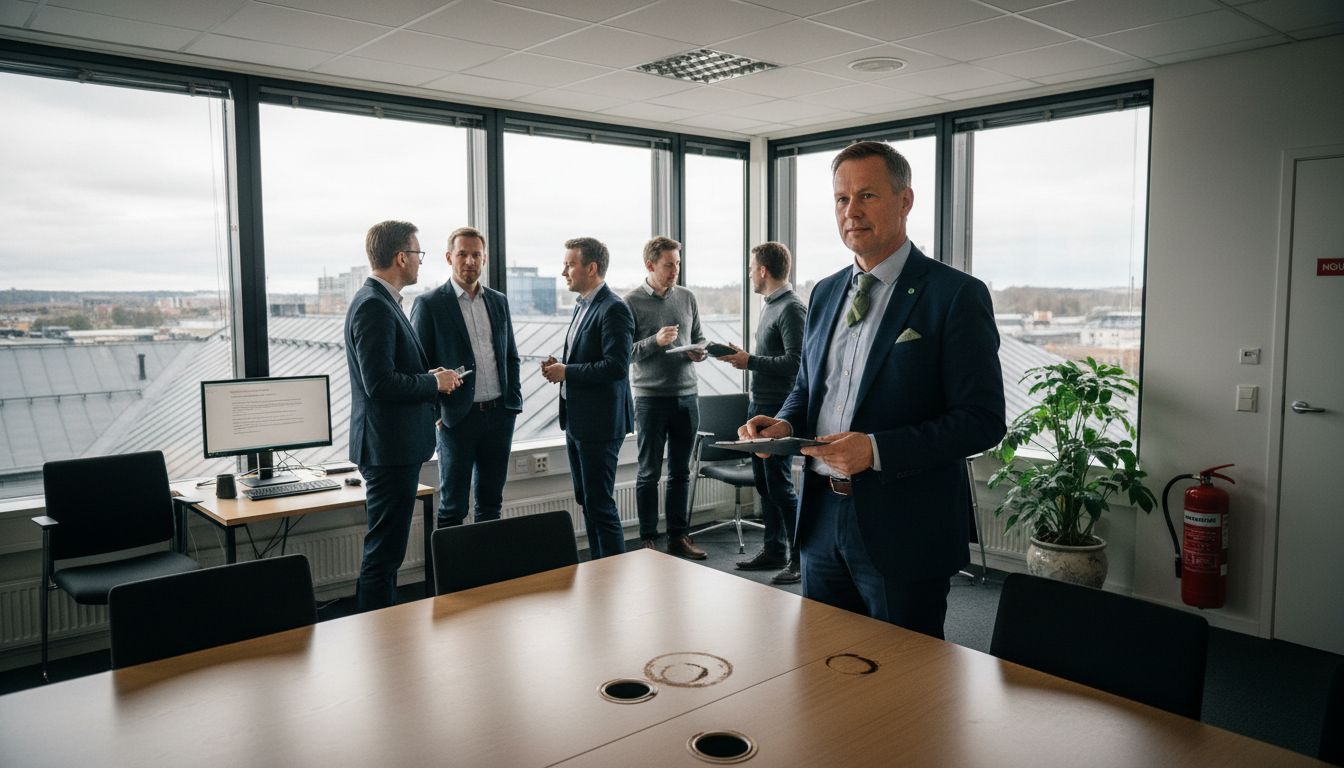 Säkerhetsansvarig går igenom checklistan under ett möte på kontoret