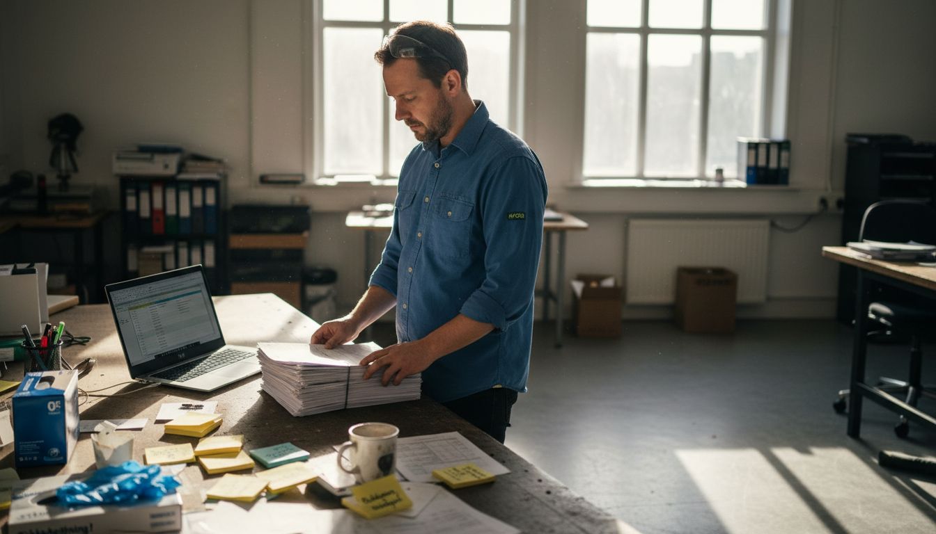 En säkerhetsansvarig sitter vid sitt skrivbord och går igenom rapporter om tillbud.