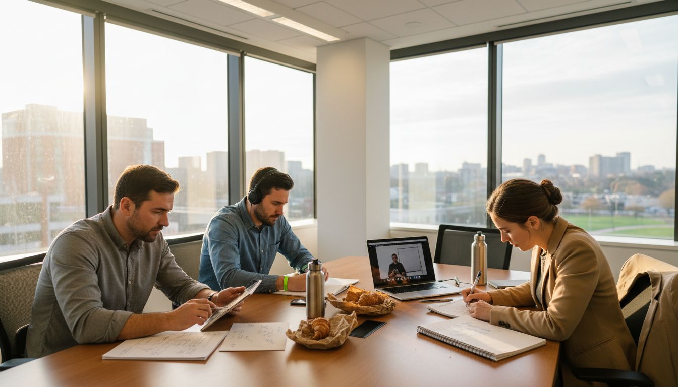 Colleagues using mixed training methods in bright office