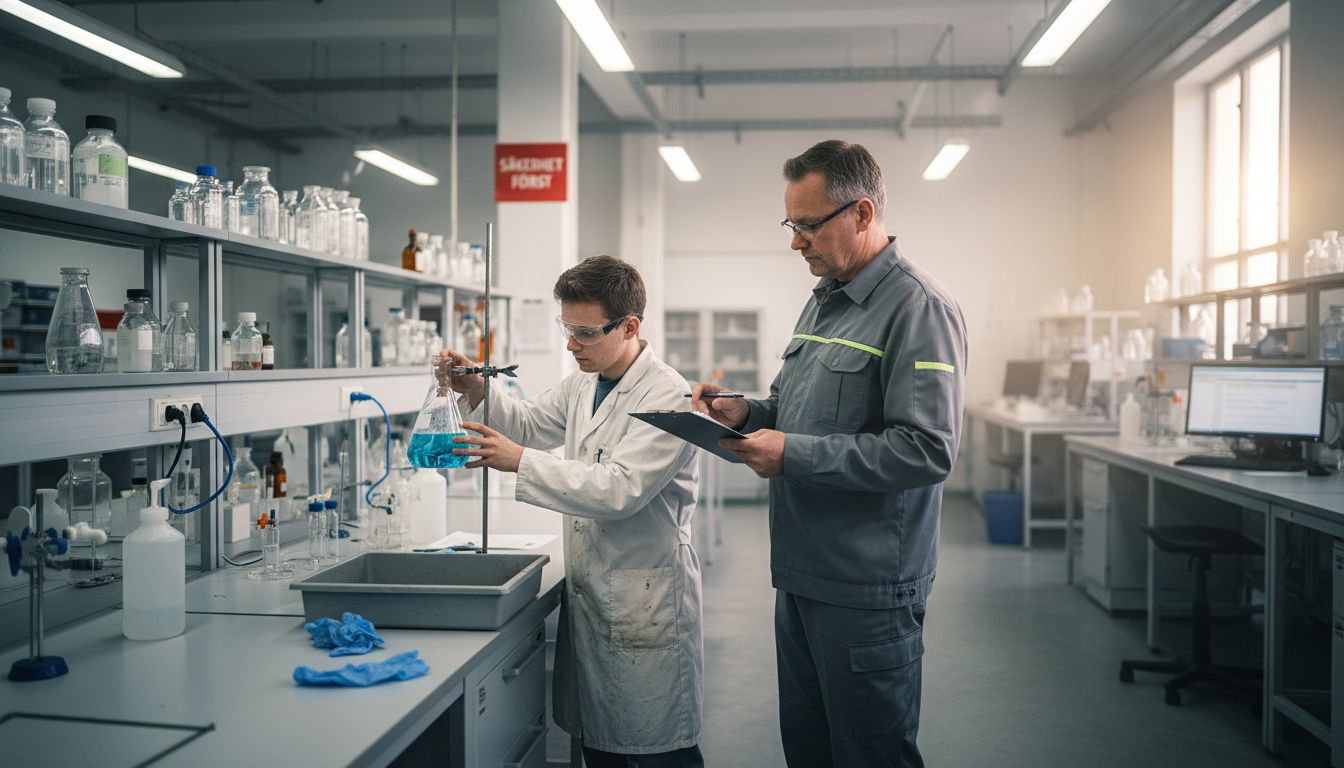 En inspektör granskar kemikaliesäkerheten i laboratoriet.