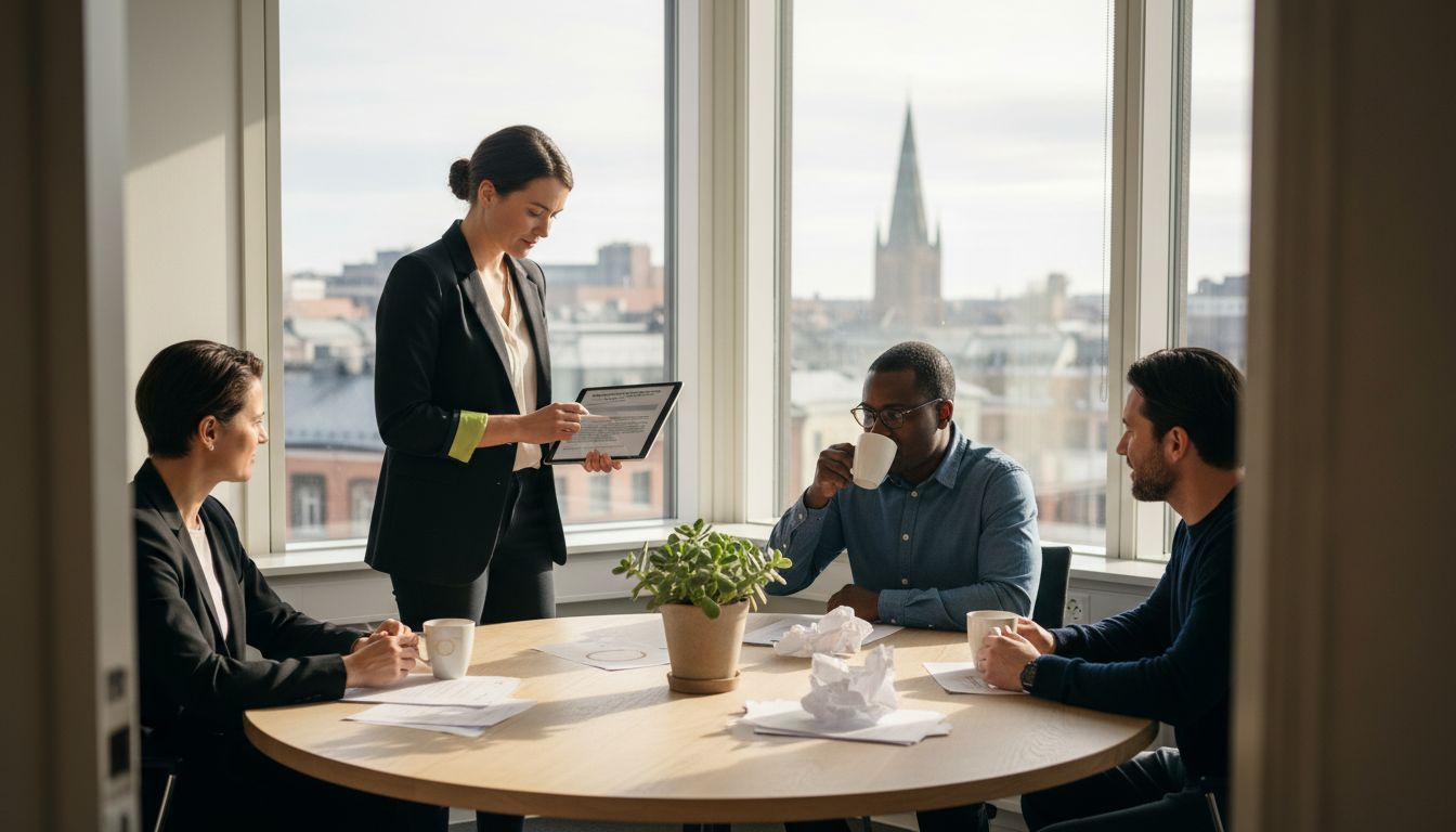 Ett team samarbetar kring ett mötesbord där solljuset strömmar in genom fönstret.
