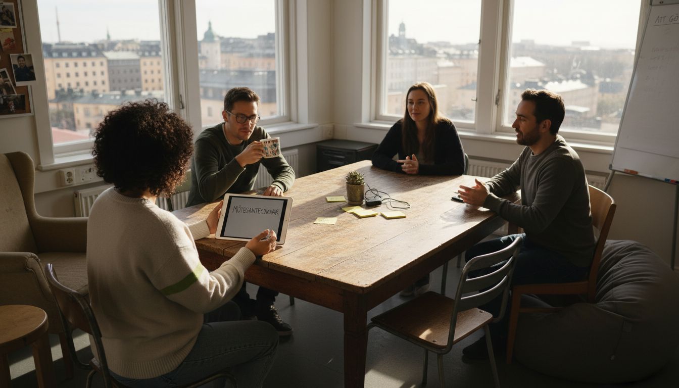 Kollegor som samarbetar i ett ljust och trivsamt kontorslandskap.