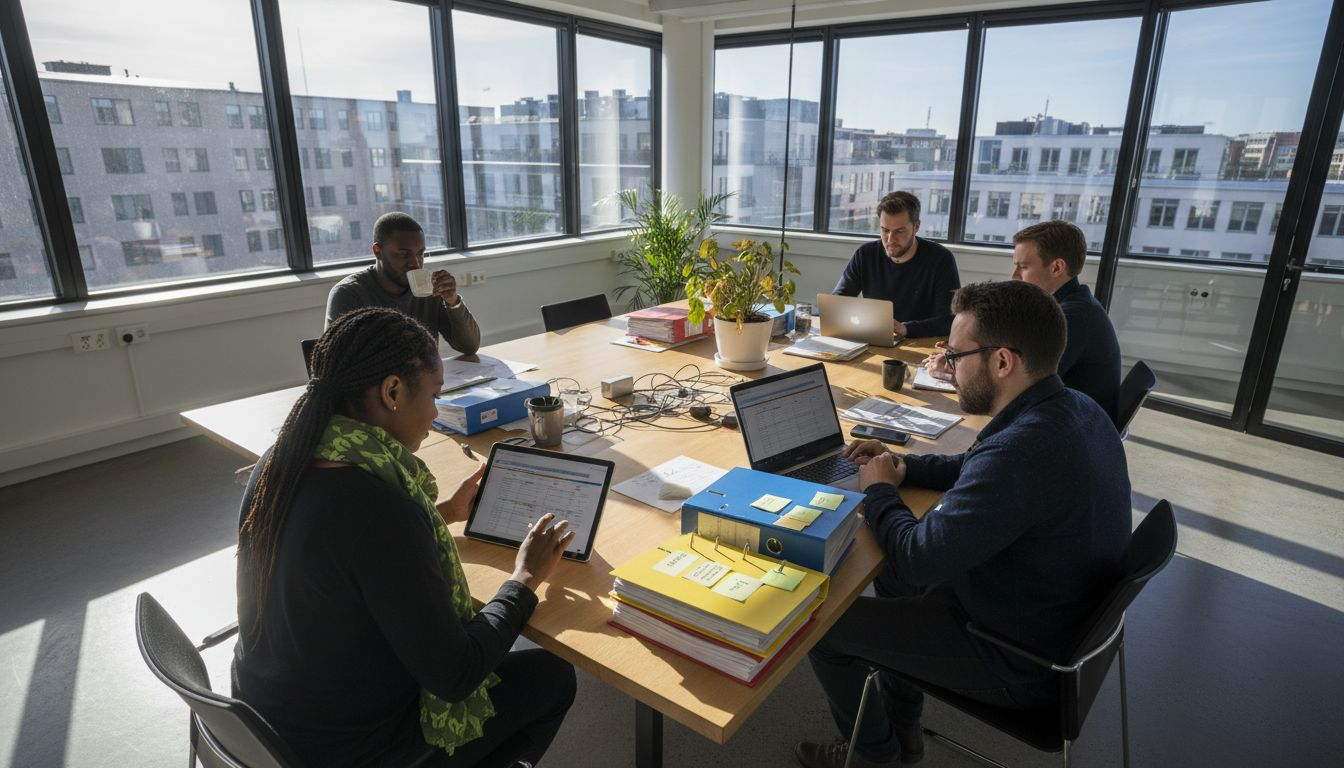 HR-teamet går igenom utbildningsmaterial tillsammans på kontoret.