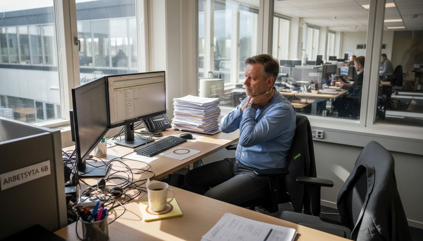 Kontorsanställd som känner sig stressad av arbetsmiljön