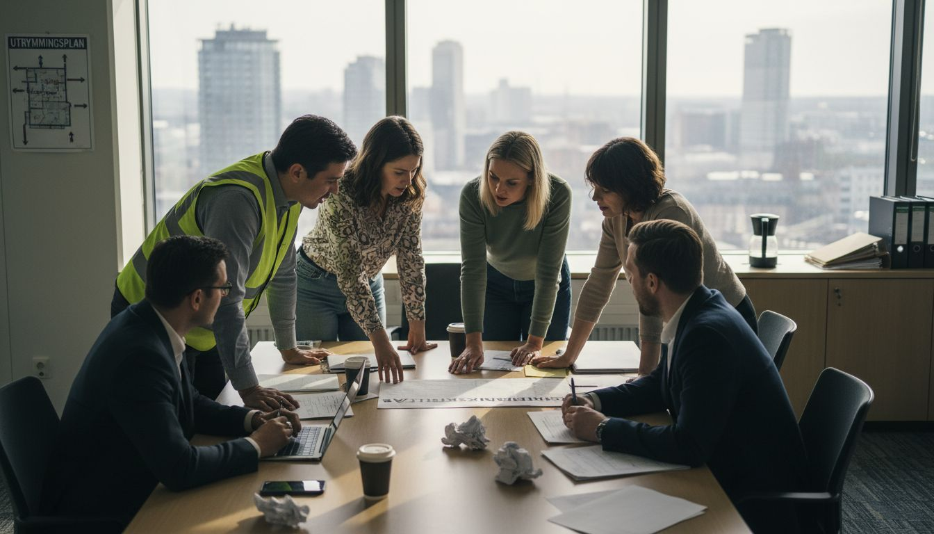 Ett arbetslag samlas i det ljusa kontoret för att gå igenom säkerhetsrutinerna tillsammans.