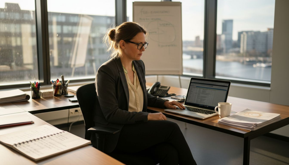 En arbetsmiljöansvarig går igenom statistik och rapporter på sitt kontor för att säkerställa att allt står rätt till.
