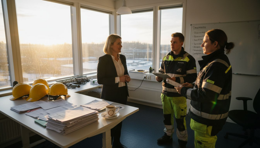 Skyddsombudet pratar med sina kollegor på kontoret
