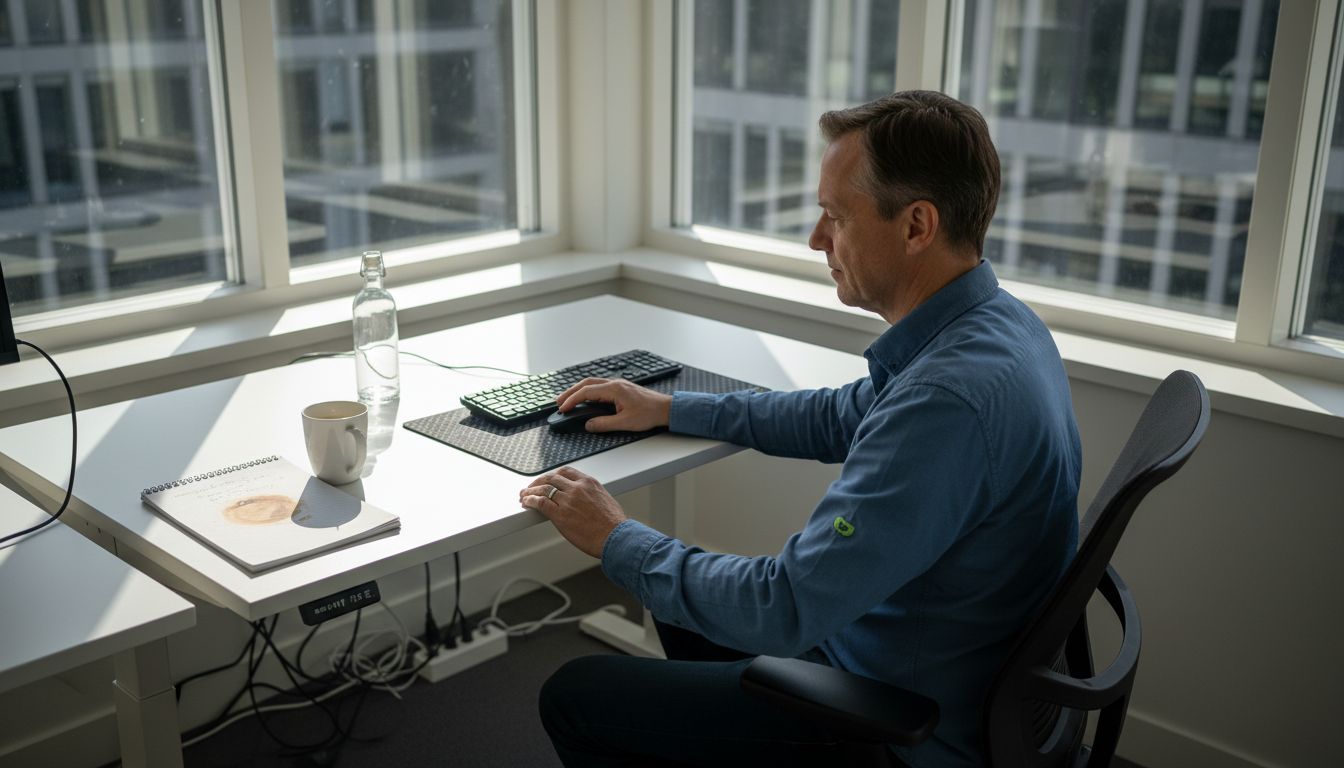 En medarbetare på kontoret ställer in stolen vid sitt höj- och sänkbara skrivbord för att få en bekväm arbetsställning.