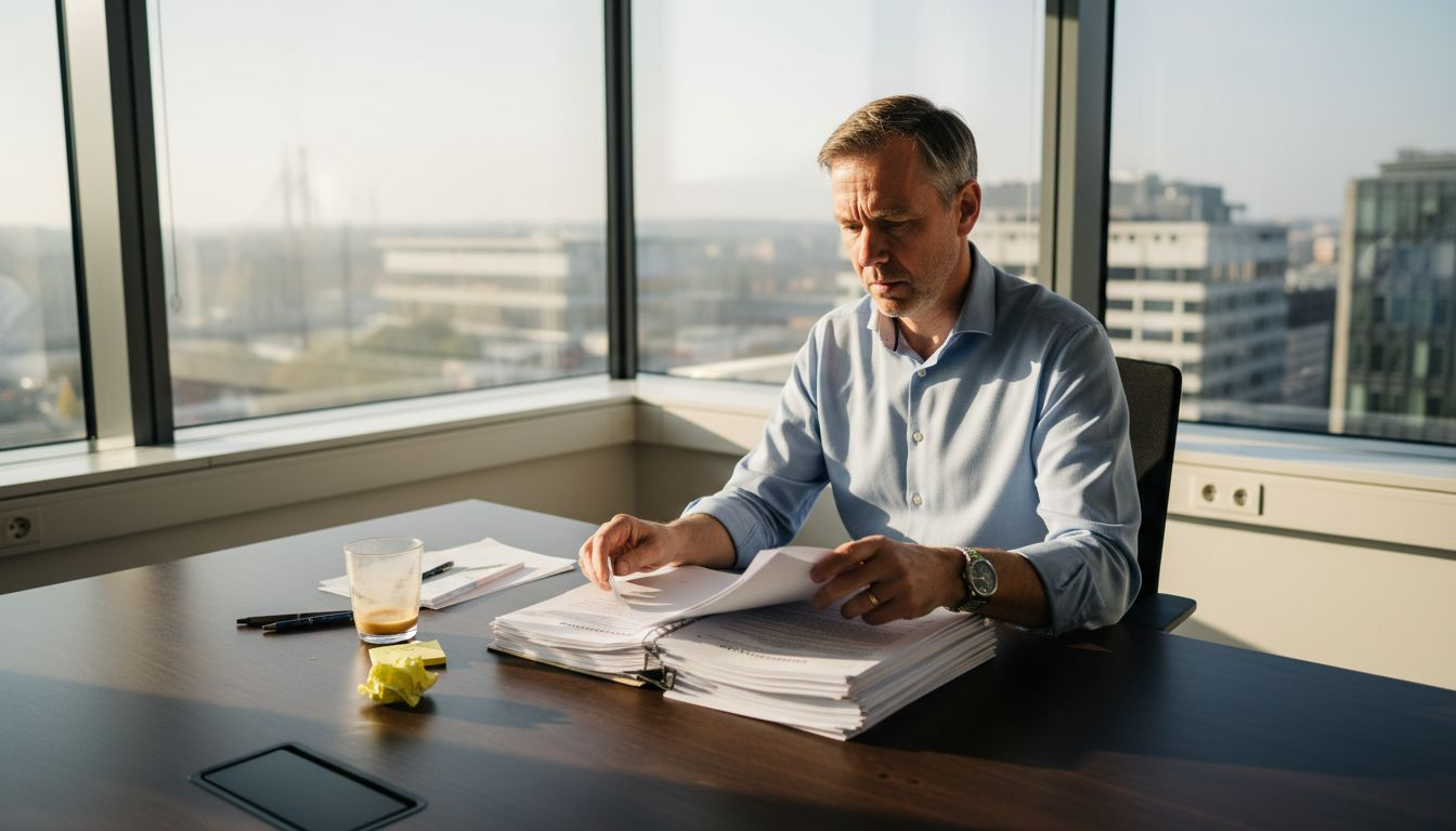 I ett av hörnkontoren sitter man och går igenom arbetsmiljödokumenten noggrant.