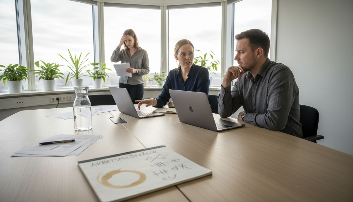 Medarbetare samlas runt ett konferensbord för att samtala om arbetsmiljön.