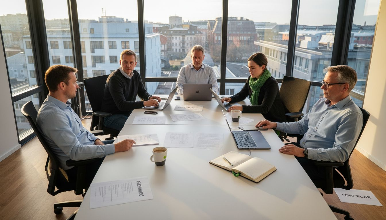 Ett gäng kollegor sitter och pratar om arbetsmiljön i ett hörnkontor.