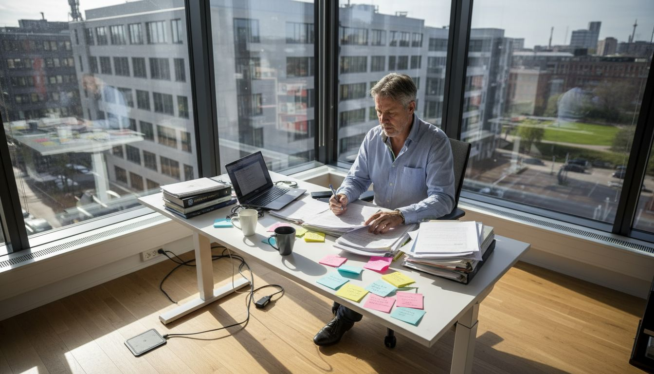 Man ser över säkerhetsrutinerna medan skrivbordet är fullt av papper och prylar.