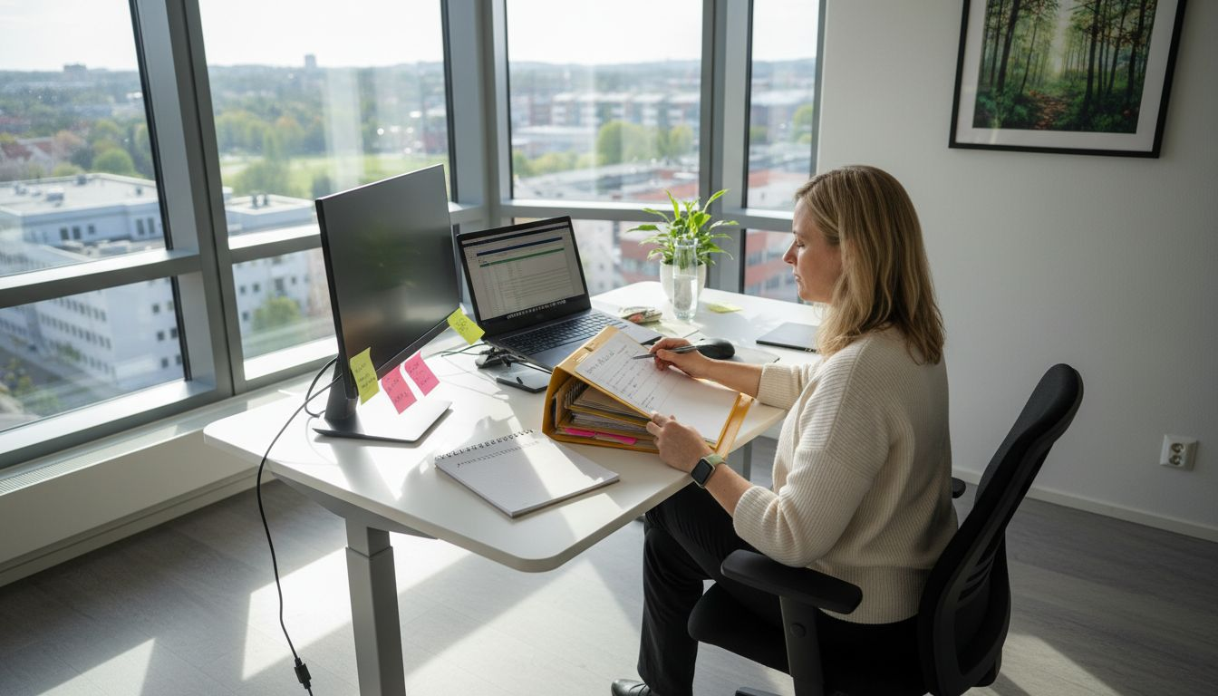 Personalchefen sitter vid skrivbordet och antecknar viktiga punkter om arbetsmiljön.