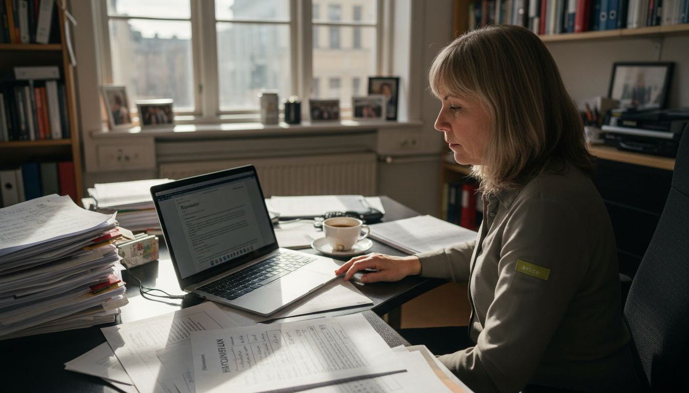 HR-chefen går igenom riskanalysen vid sitt skrivbord