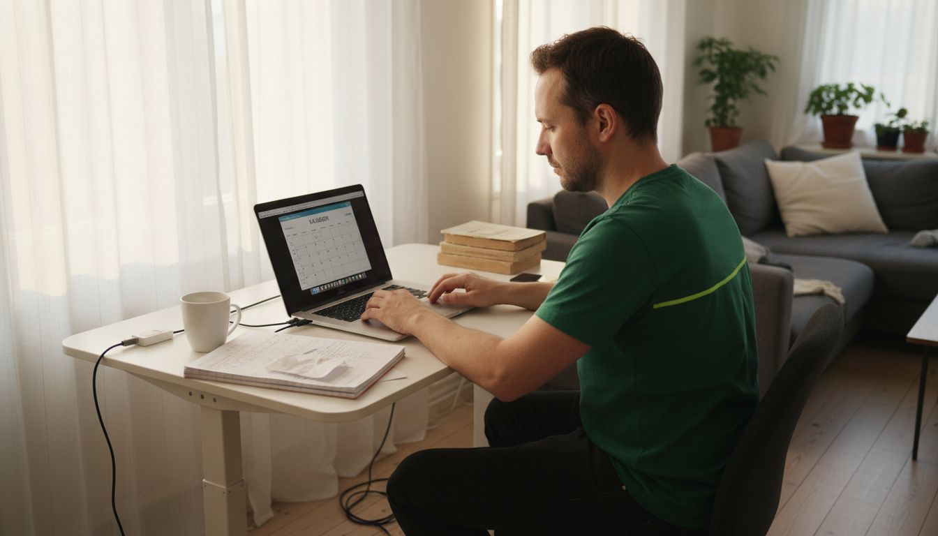 En person jobbar hemifrån vid sitt skrivbord.