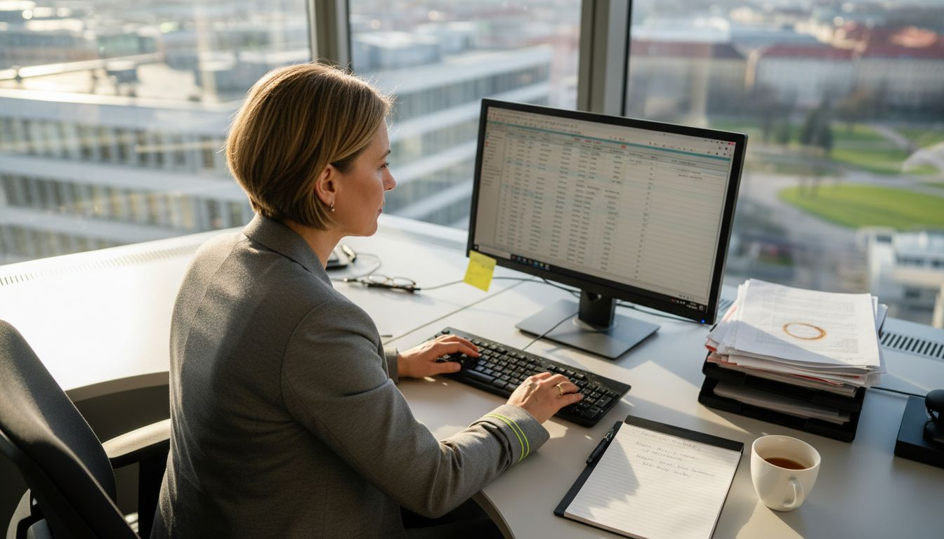 HR-chefen går igenom statistik om arbetsmiljön vid sitt skrivbord.