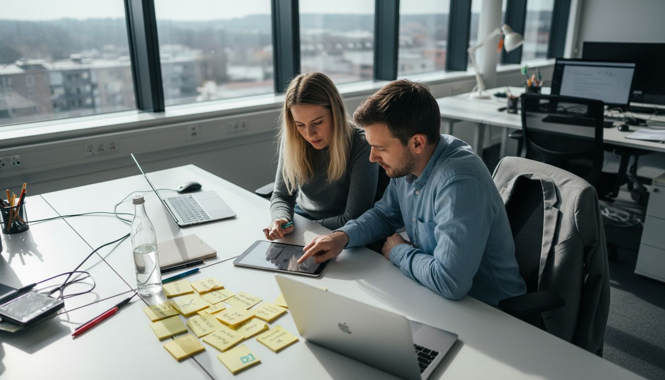 Två medarbetare går igenom arbetsmiljön tillsammans vid skrivbordet.