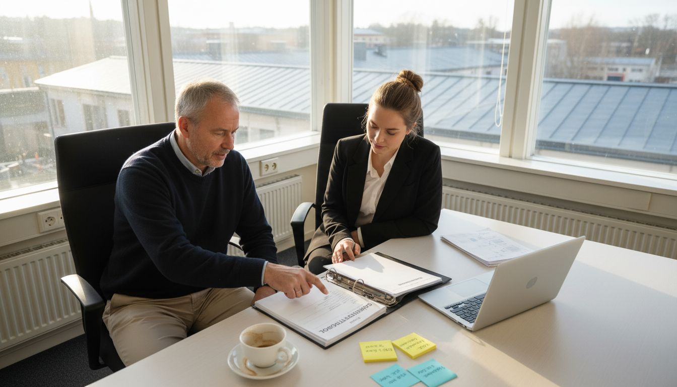 Två kollegor sitter vid ett konferensbord och pratar om hur de kan förbättra arbetsmiljön på jobbet.