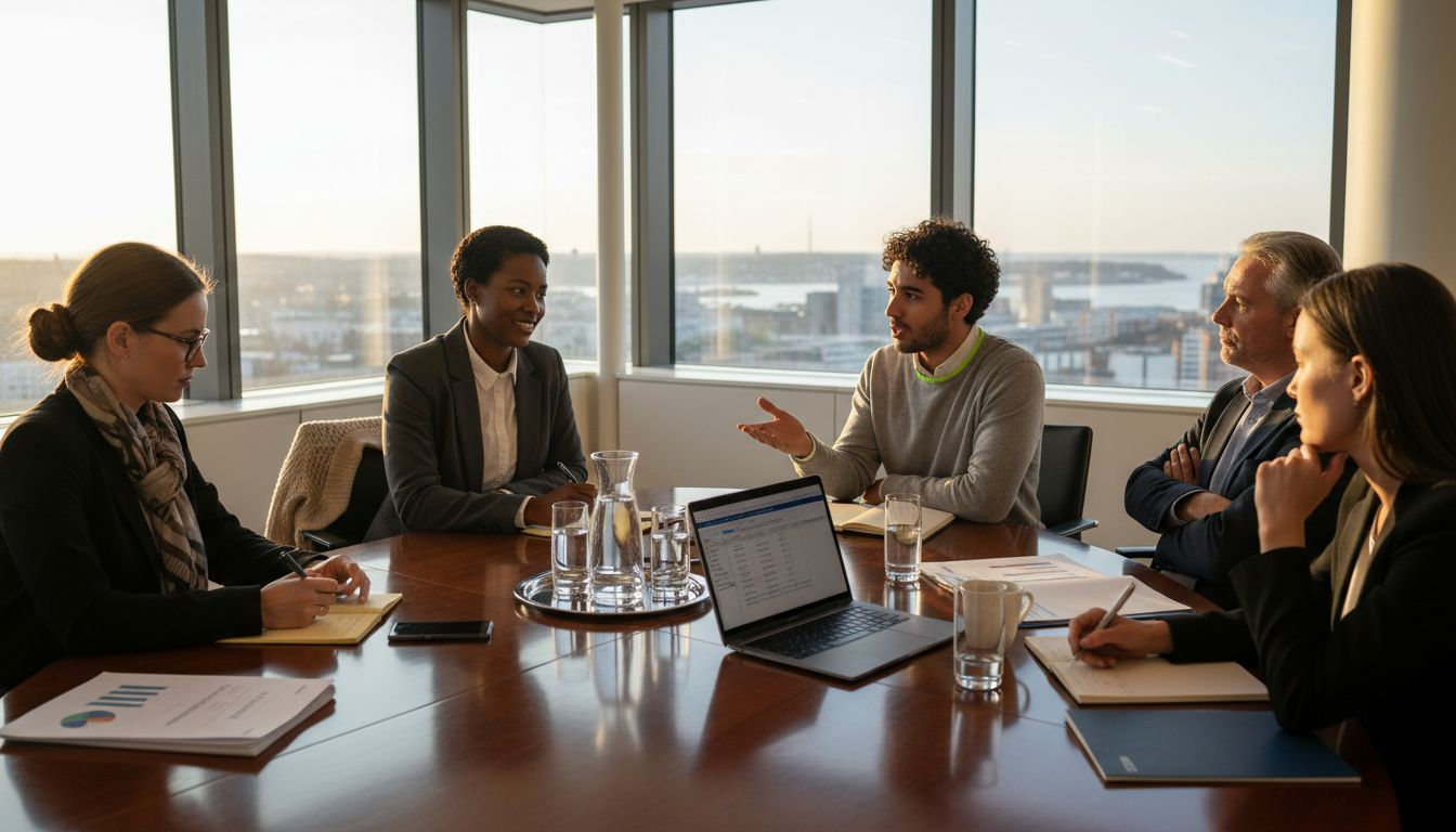 Ett team samlas för att ge varandra feedback i ett ljust och modernt kontor.