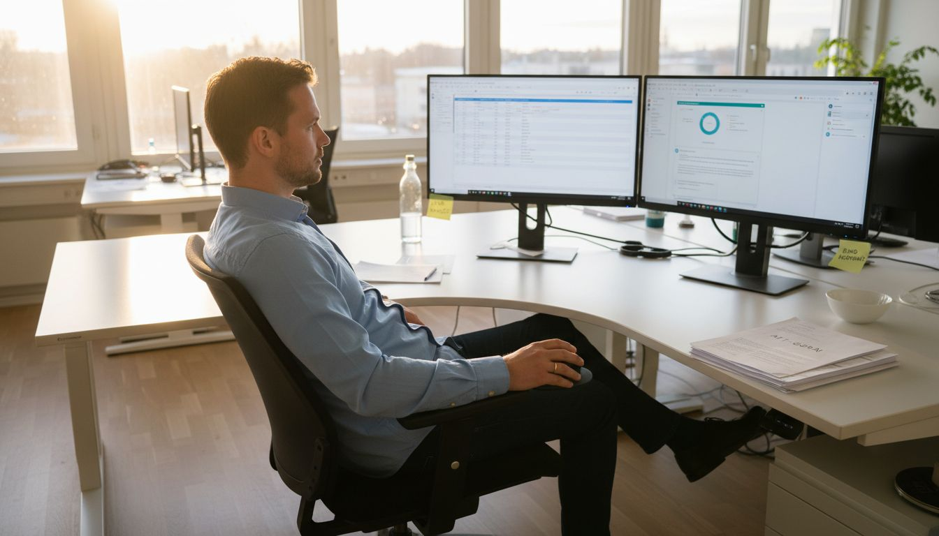 En kontorsmedarbetare som jobbar i en välgenomtänkt och ergonomisk arbetsmiljö