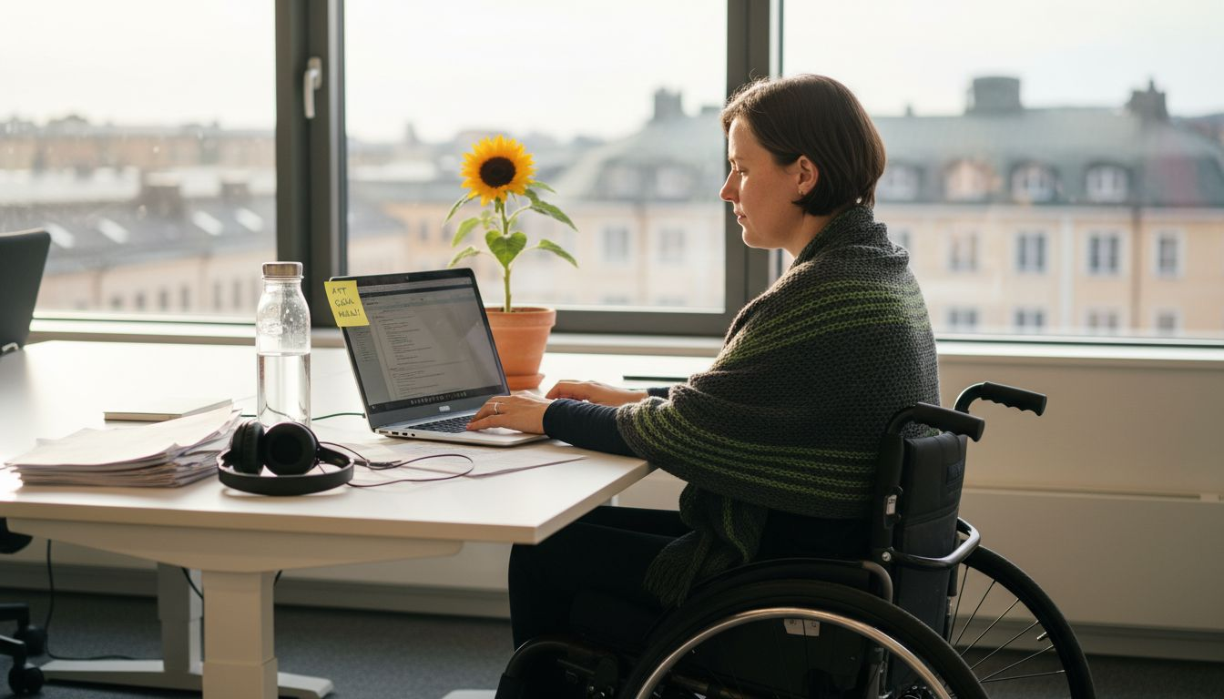 En kvinna i rullstol jobbar på sitt kontor.
