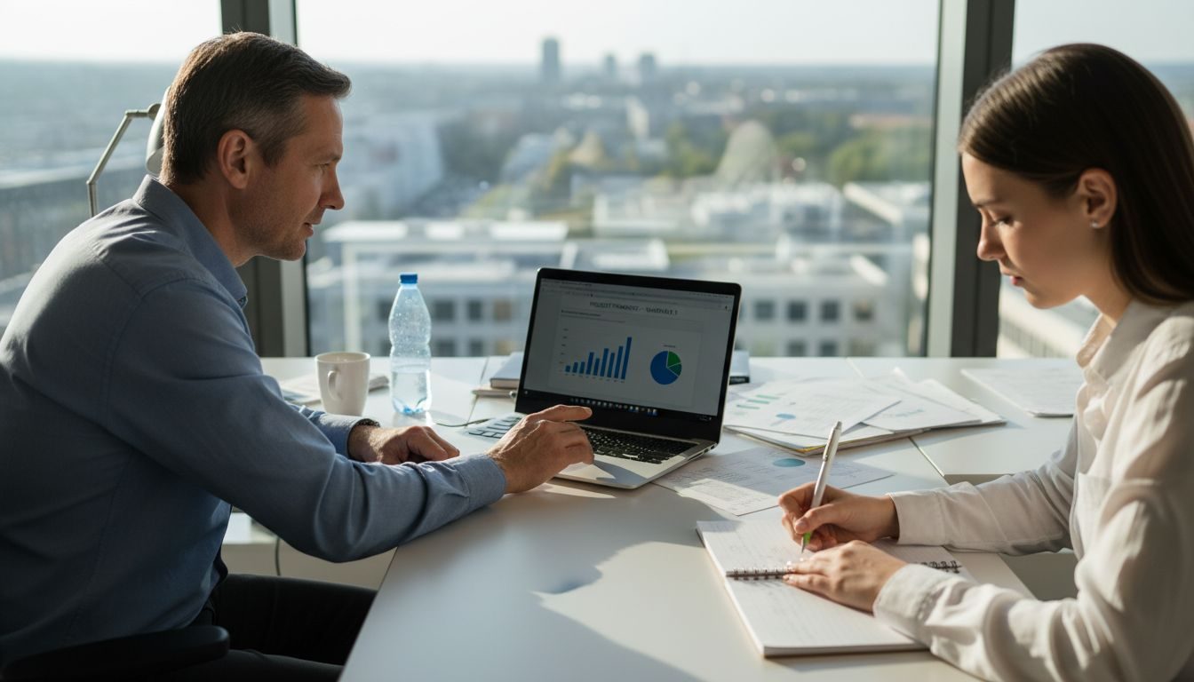 En mentor och kursdeltagare arbetar tillsammans vid ett skrivbord på kontoret.