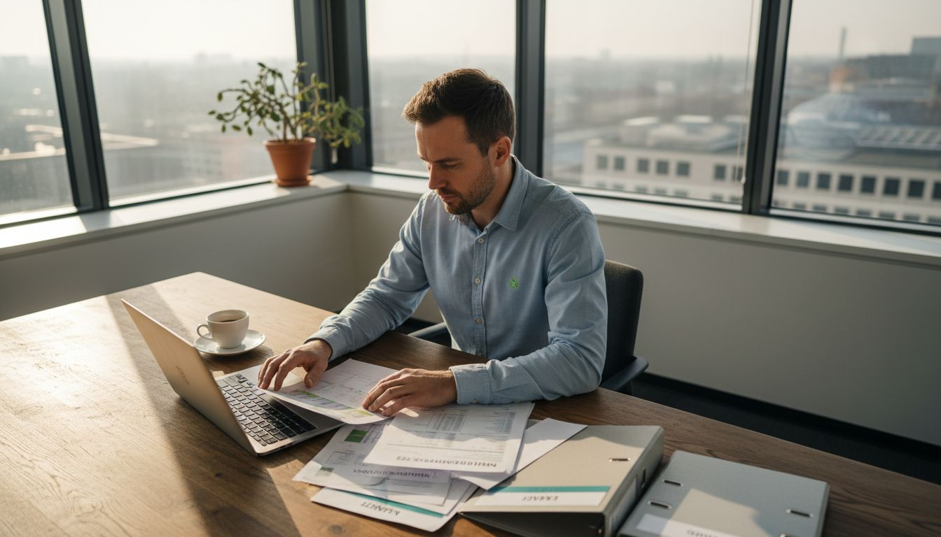 En miljöanalytiker sitter vid skrivbordet på kontoret och går igenom en rapport.
