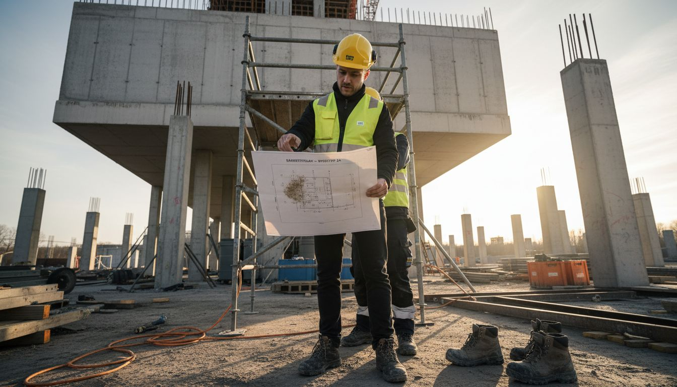 Platschefen går igenom säkerhetsrutinerna med teamet ute på bygget.