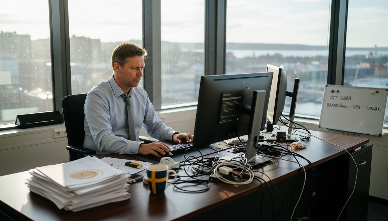 IT-chef som arbetar med cybersäkerhet vid sitt skrivbord