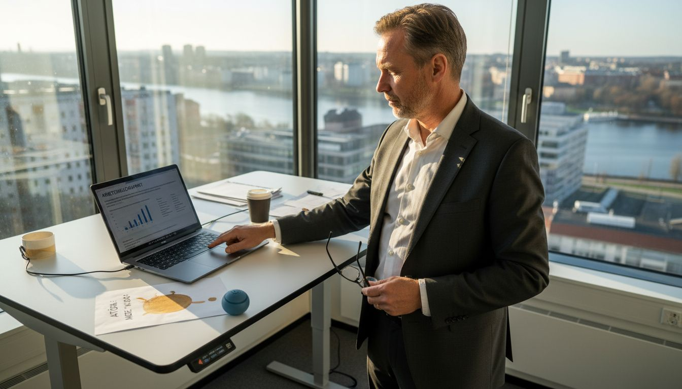 Chefen går igenom arbetsmiljörapporten vid sitt skrivbord