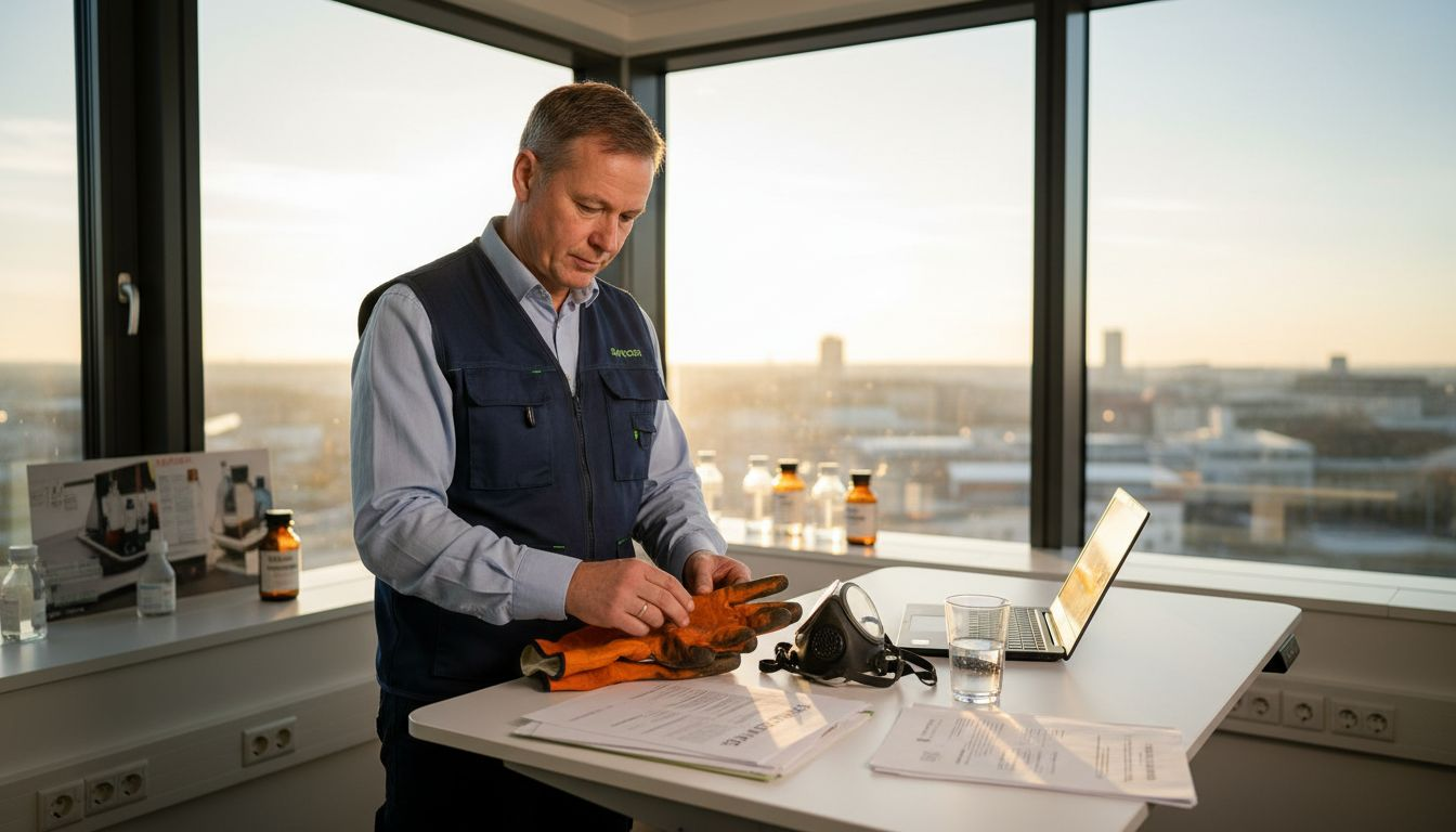 Platschefen går igenom det kemiska skyddet på sitt hörnkontor