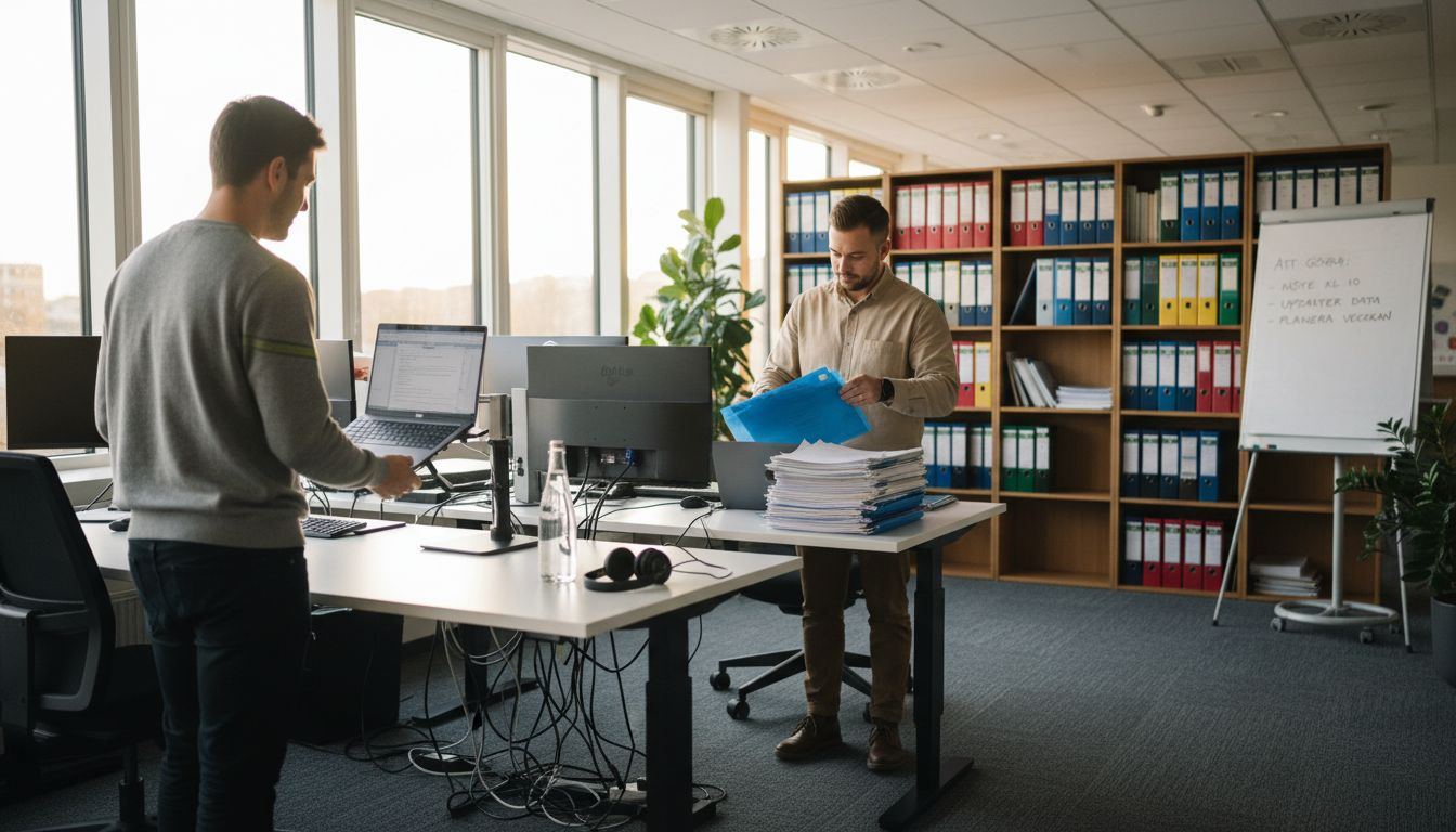 Två kollegor roterar sina arbetsuppgifter på kontoret