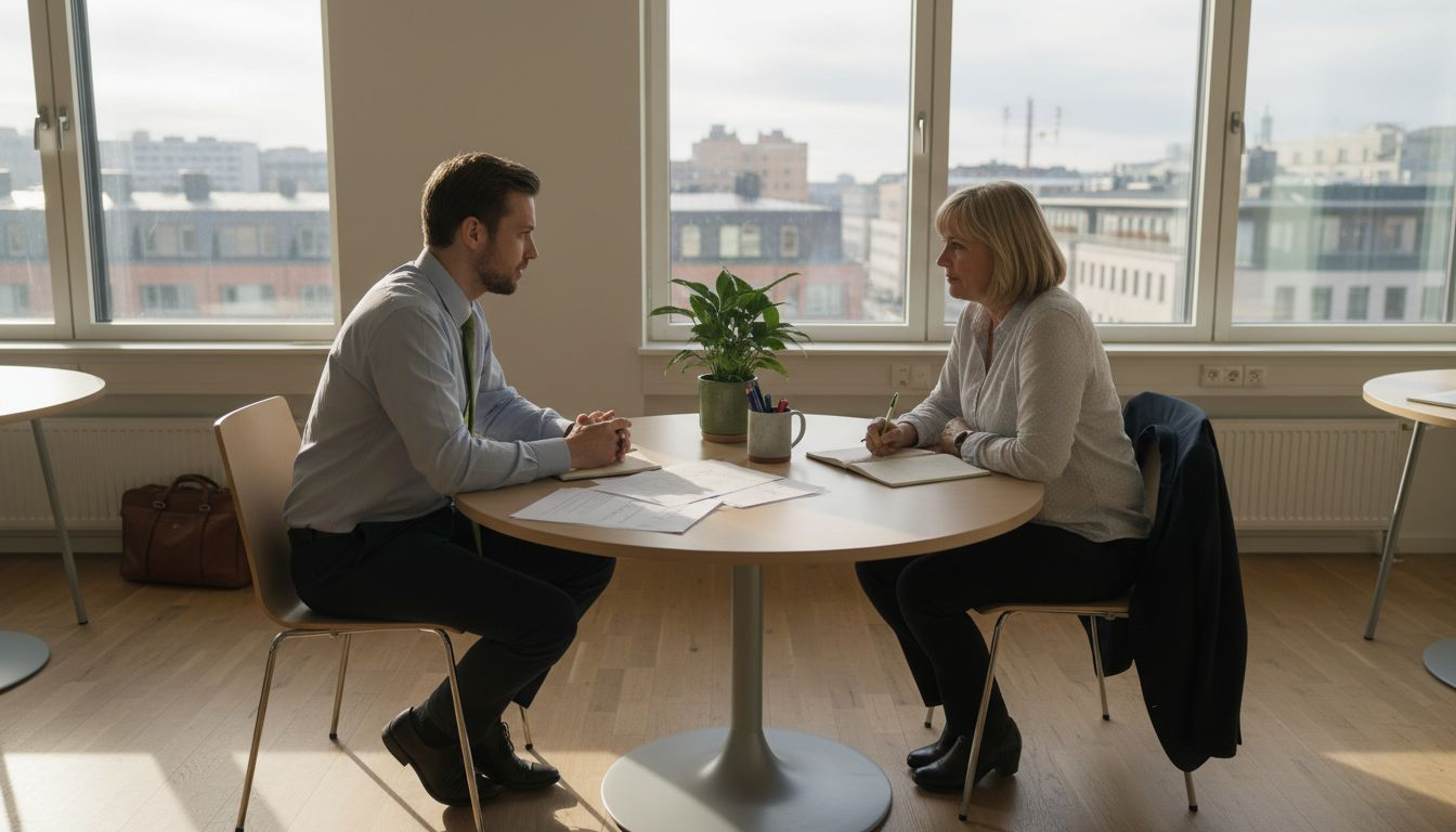 Två kollegor sitter och pratar vid ett bord.