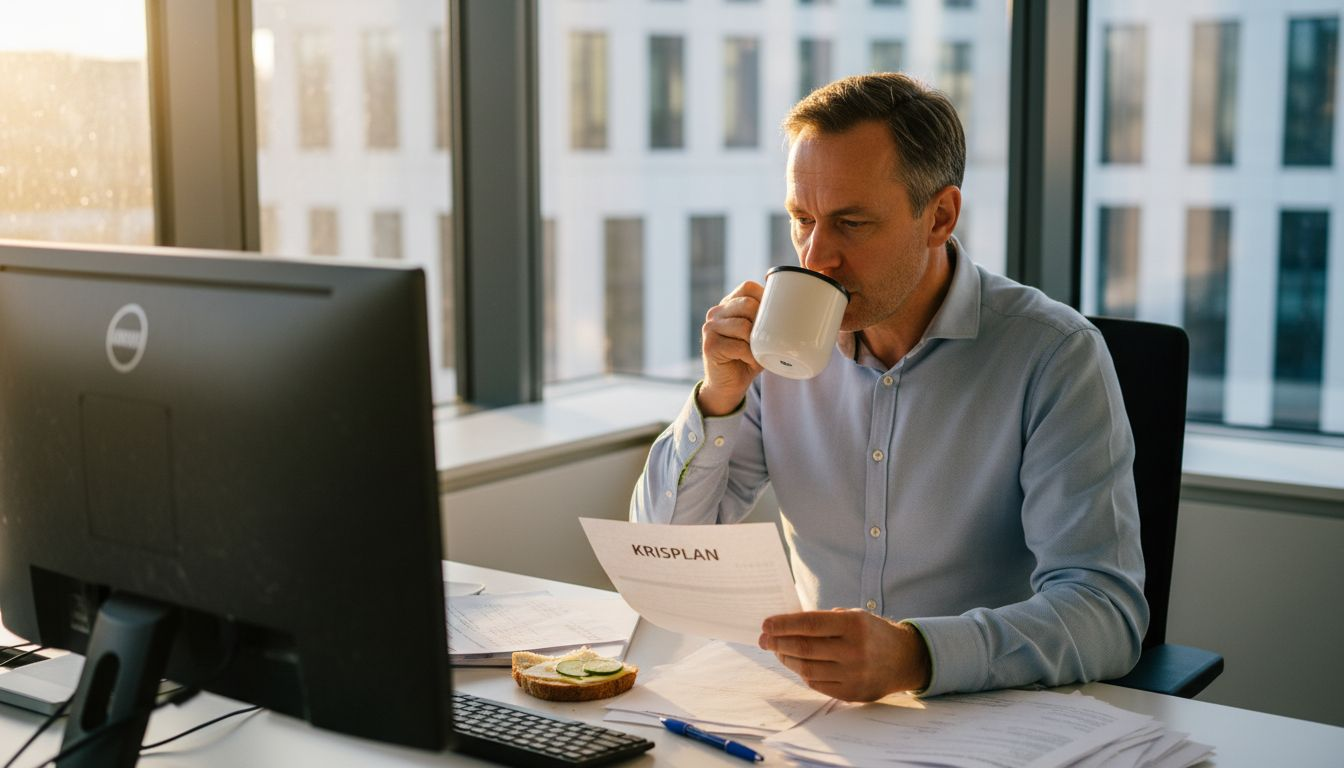 HR-chefen går igenom företagets krisplan på kontoret