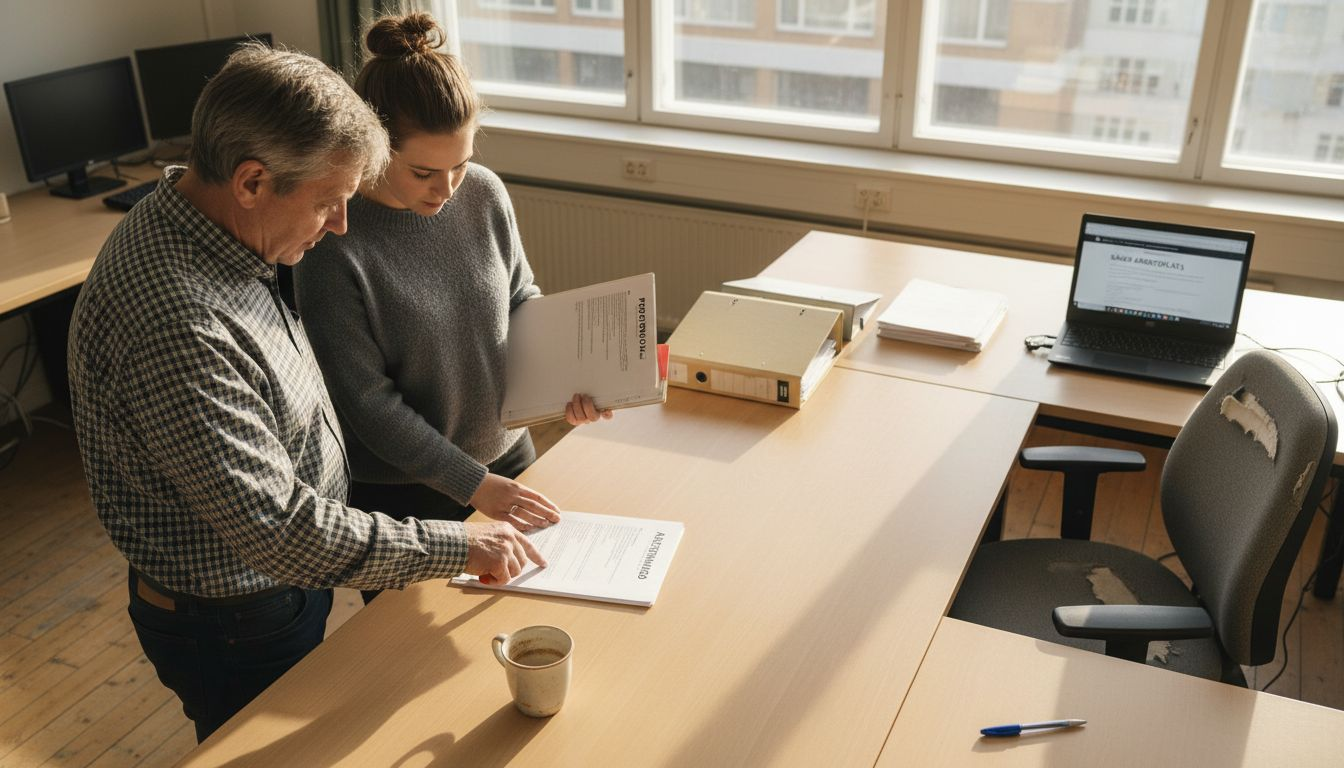 Två personer går igenom arbetsmiljön på ett kontor för att se hur den kan förbättras.