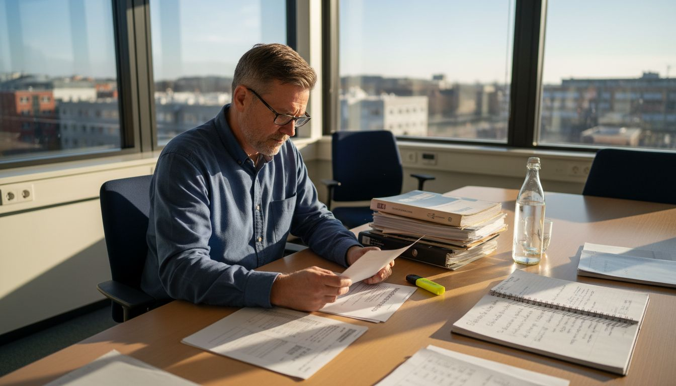 Säkerhetsansvarig går igenom risklistan vid skrivbordet på kontoret.