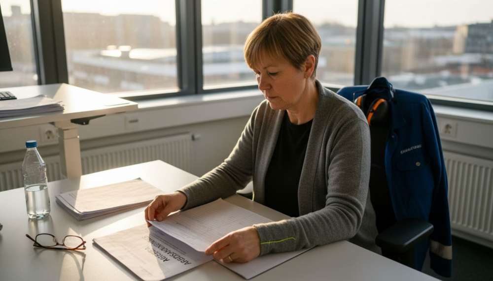 En kvinna sitter på kontoret och bläddrar igenom sitt schema.
