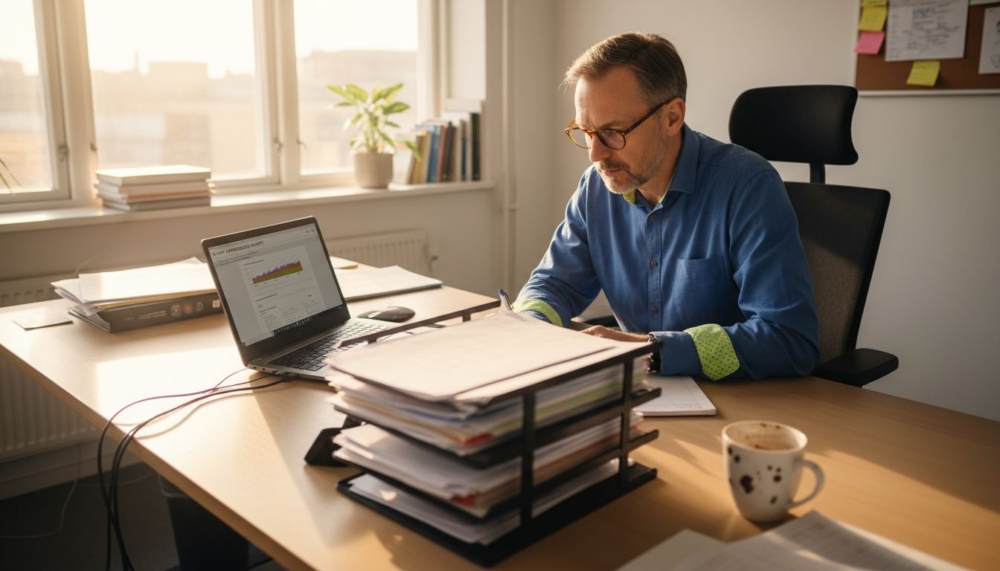 HR-chefen går igenom arbetsmiljörapporter för kontoret