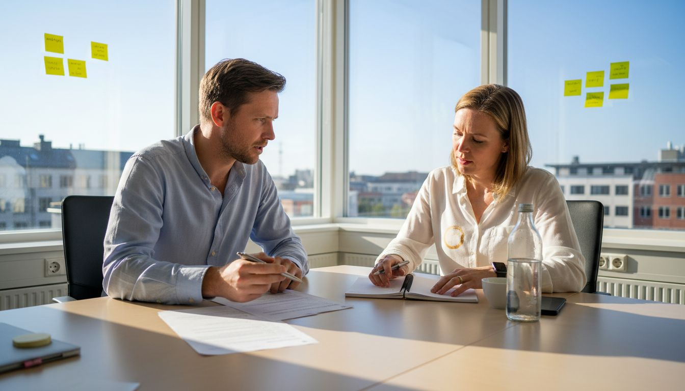 Kollegor samlas för ett möte i ett ljust hörnkontor.