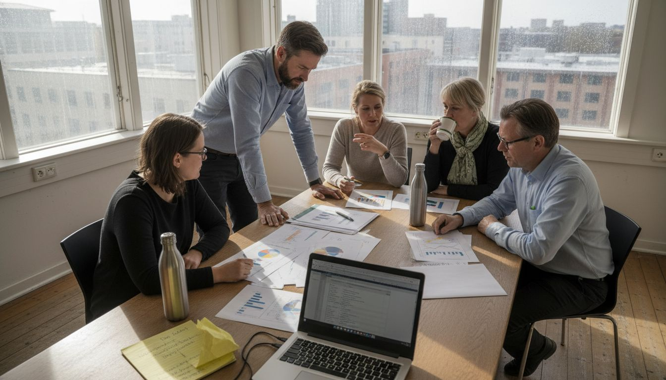 Teamet arbetar tillsammans i det ljusa hörnkontoret