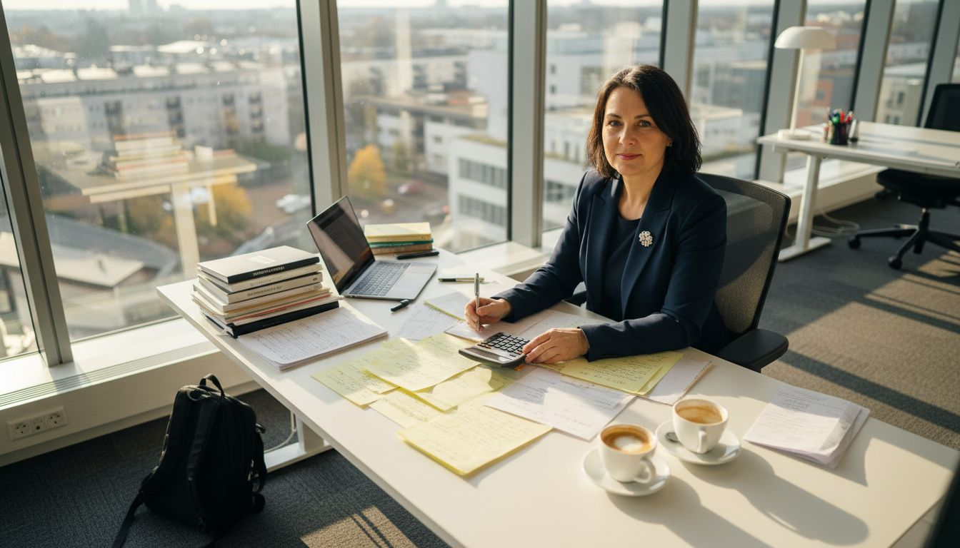 En kvinna sitter vid sitt skrivbord och går igenom arbetsmiljödata för att hitta förbättringsmöjligheter.