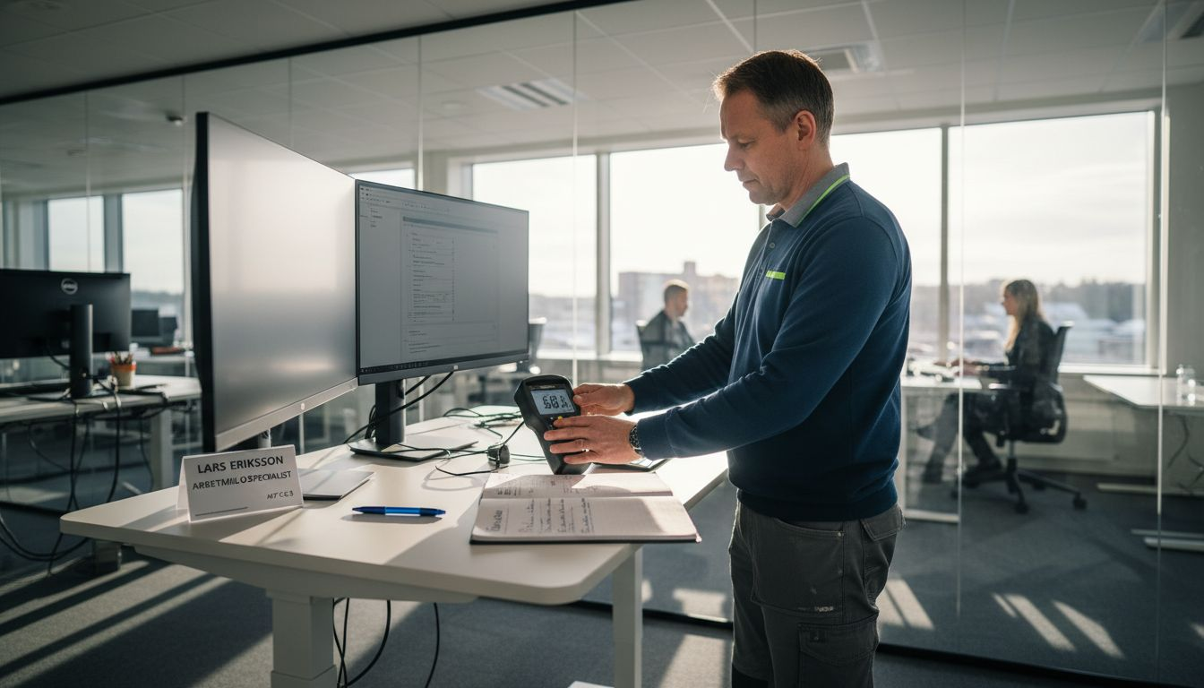 En tekniker ställer ut ljudmätare på skrivborden i kontorsmiljön.