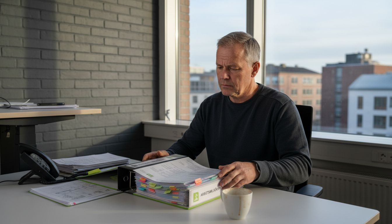 Man går igenom pärmen med arbetsmiljörutiner på kontoret.