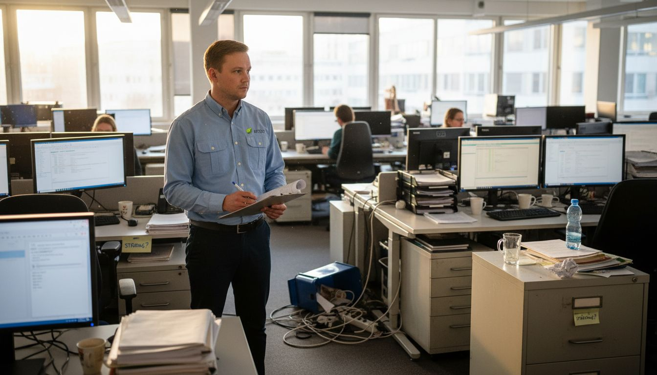 En arbetsmiljöansvarig går igenom kontorslokalerna för att kontrollera att allt är säkert och att arbetsmiljön lever upp till kraven.