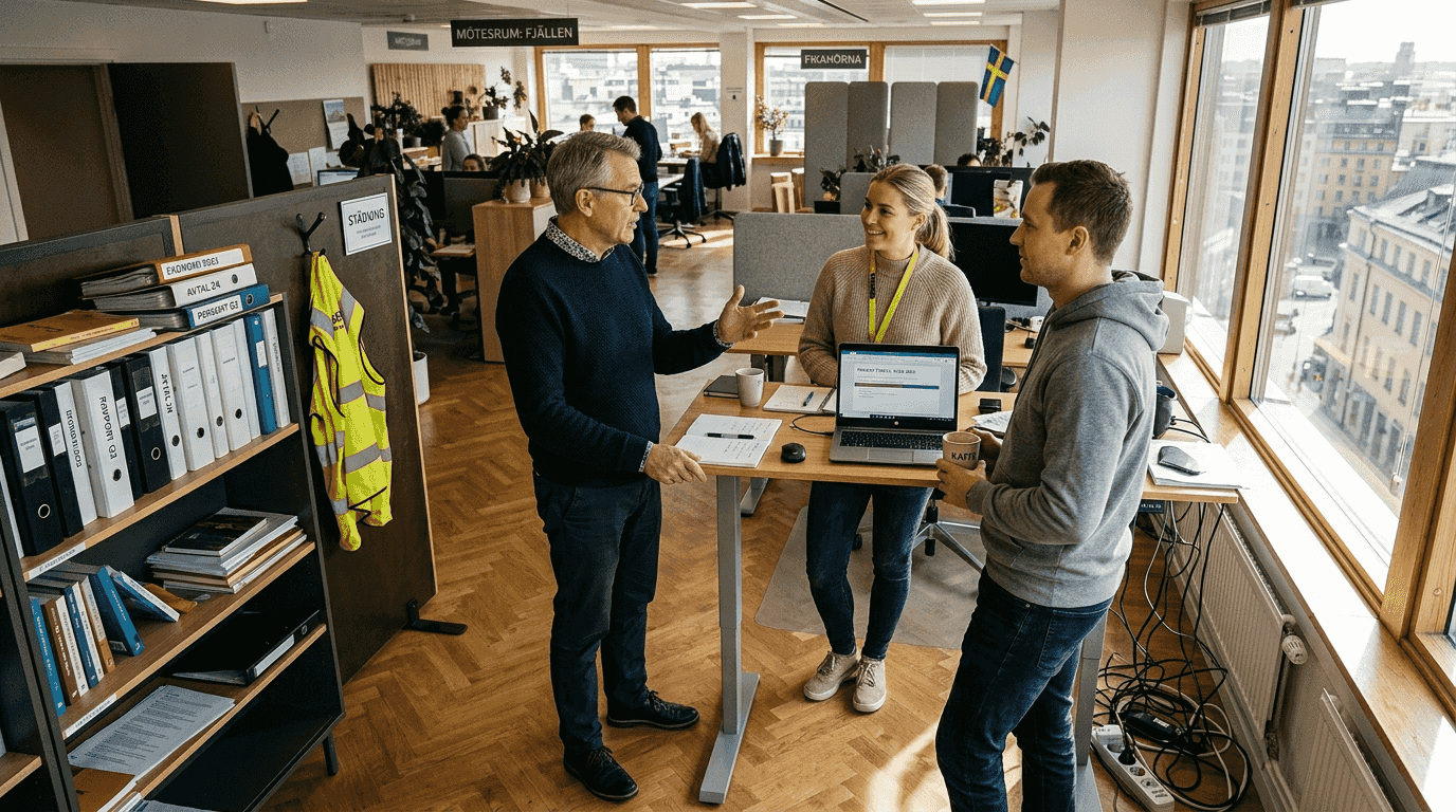 En grupp samlas för att prata om säkerheten på arbetsplatsen.